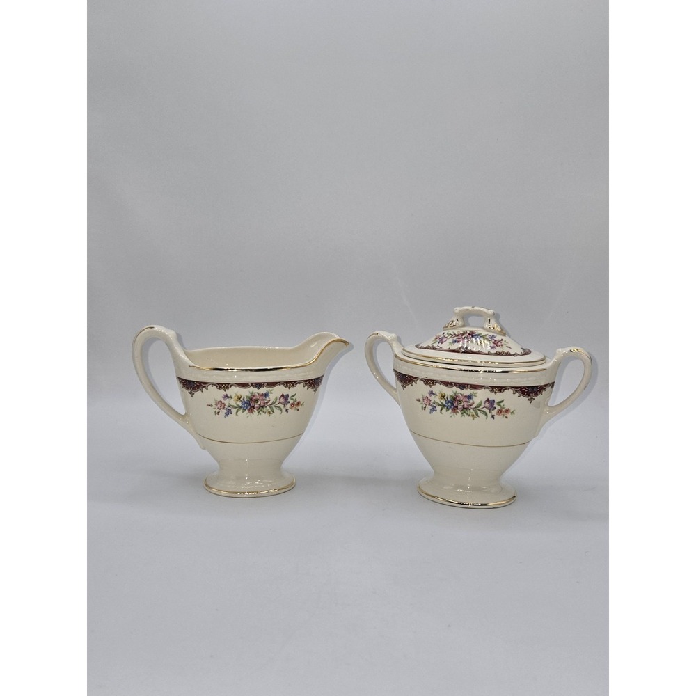 Homer Laughlin Eggshell Georgian Sugar Bowl & Creamer Set Floral Gold Trim